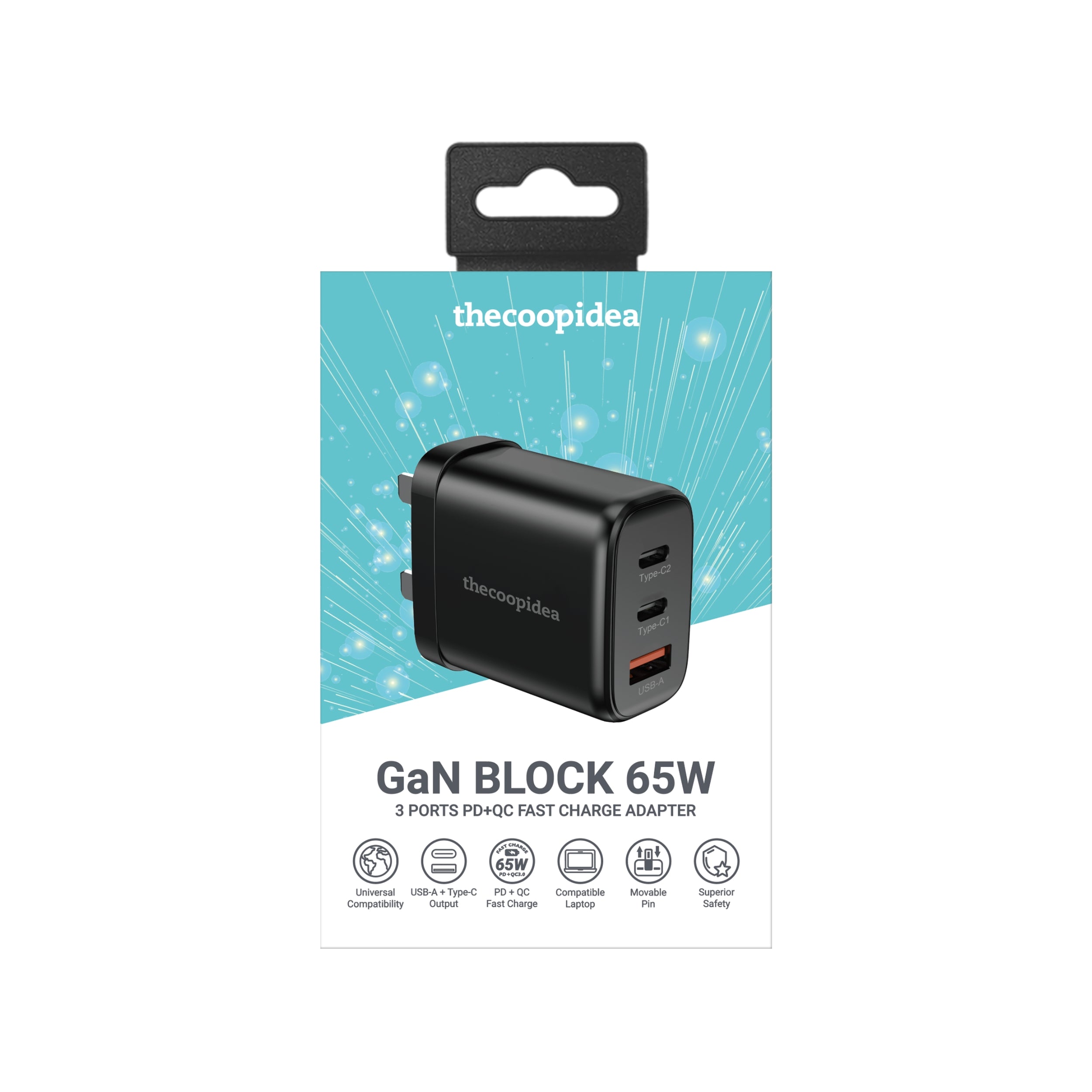 GaN BLOCK 65W - 3 Ports PD+QC Fast Charge Adapter