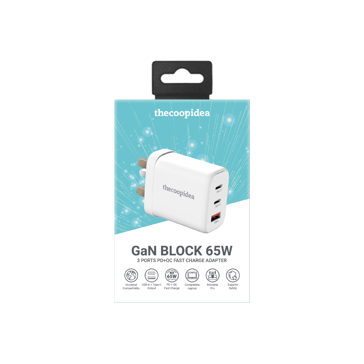 GaN BLOCK 65W - 3 Ports PD+QC Fast Charge Adapter